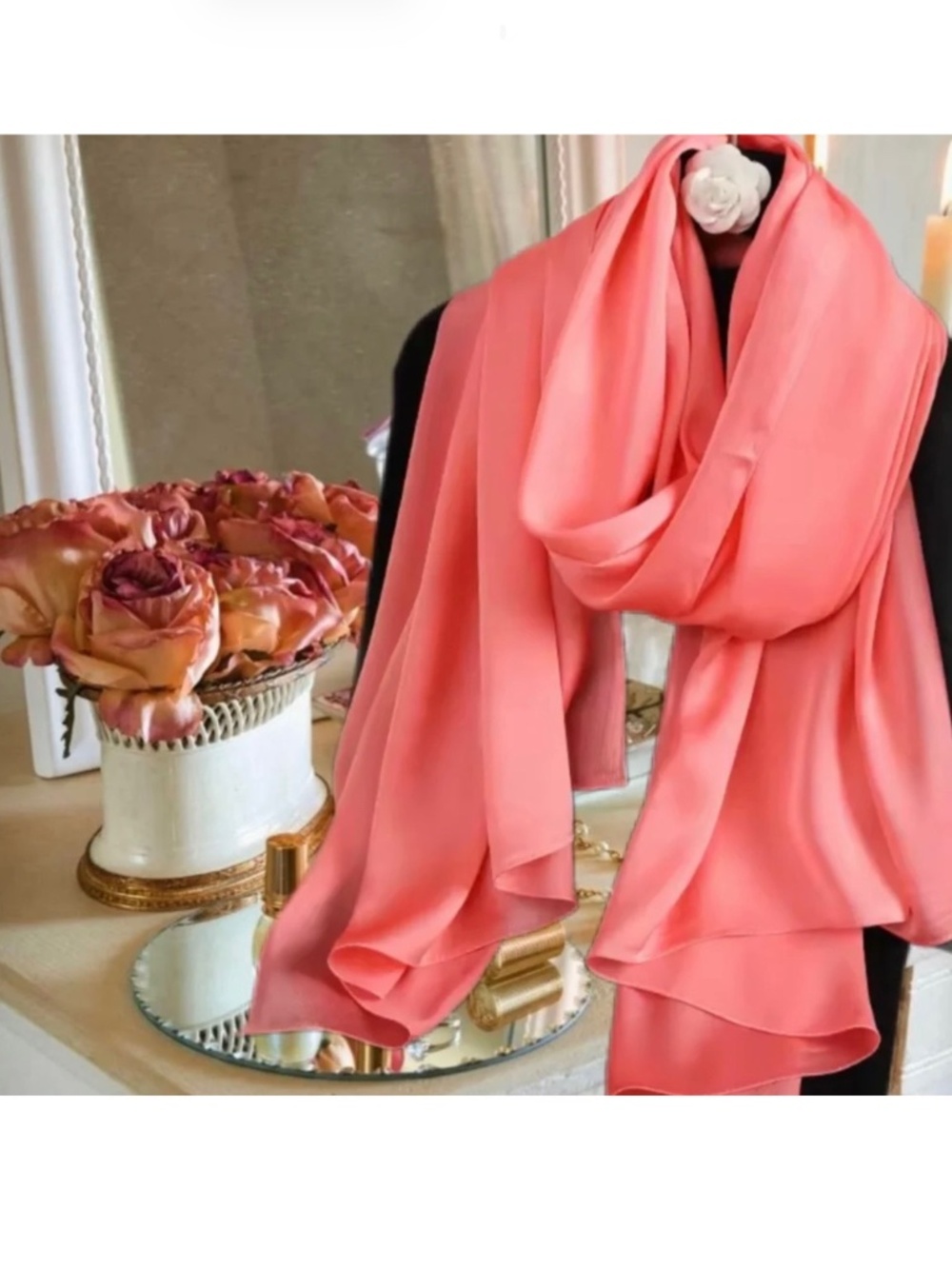 Coral Pink Red 100% SILK SATIN Large Shawl Scarf Wrap Wedding Bridesmaid CoverUp
